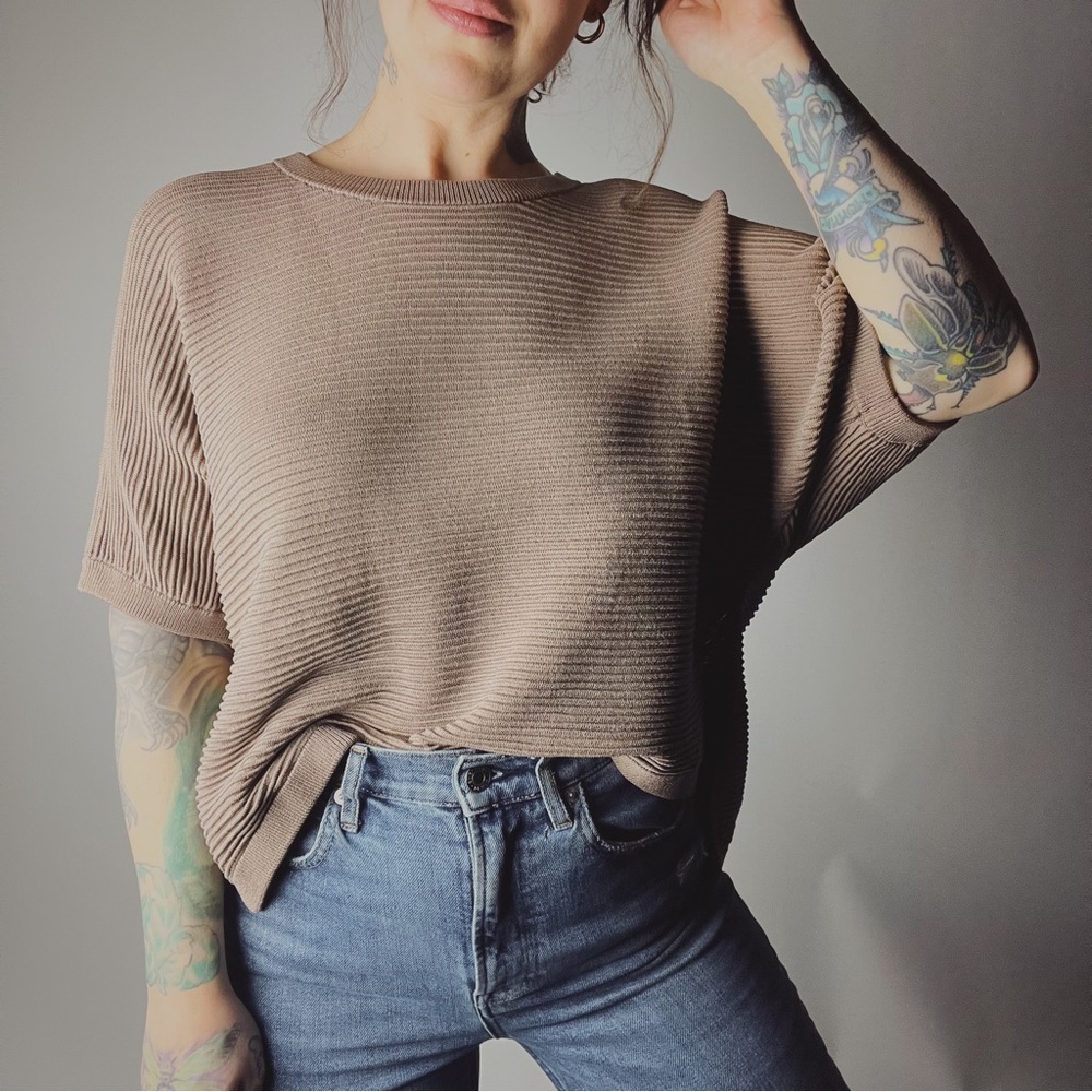 BABATON Donald Horiztonal Ribbed Knit Dolman Sleeve Hi Low Sweater Taupe XXS
